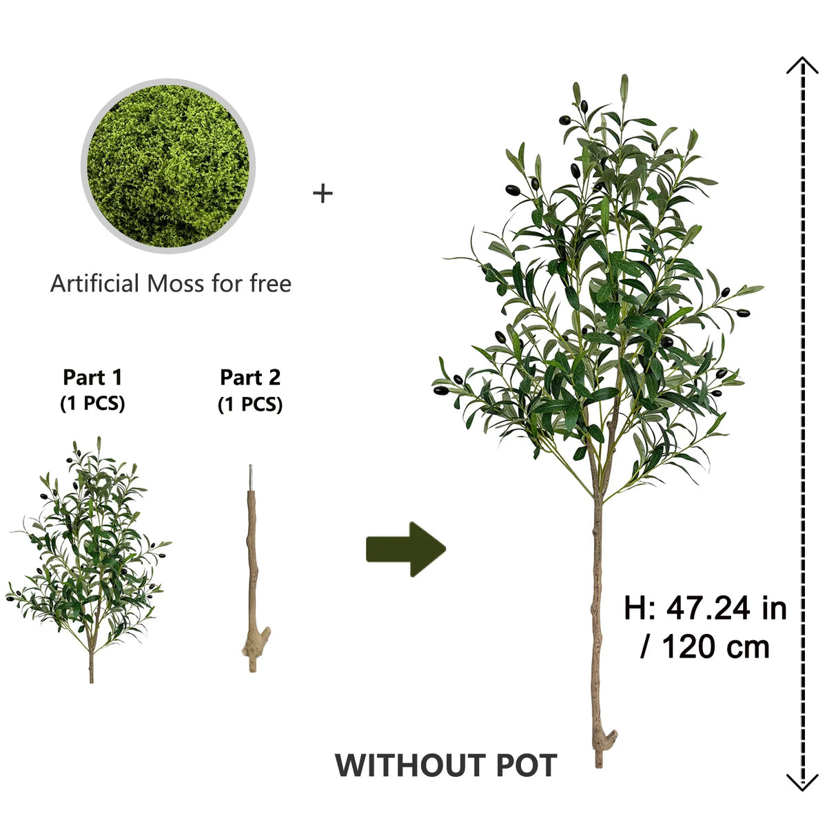 Olive Tree Olívia, faux olive tree 120 cm size guide