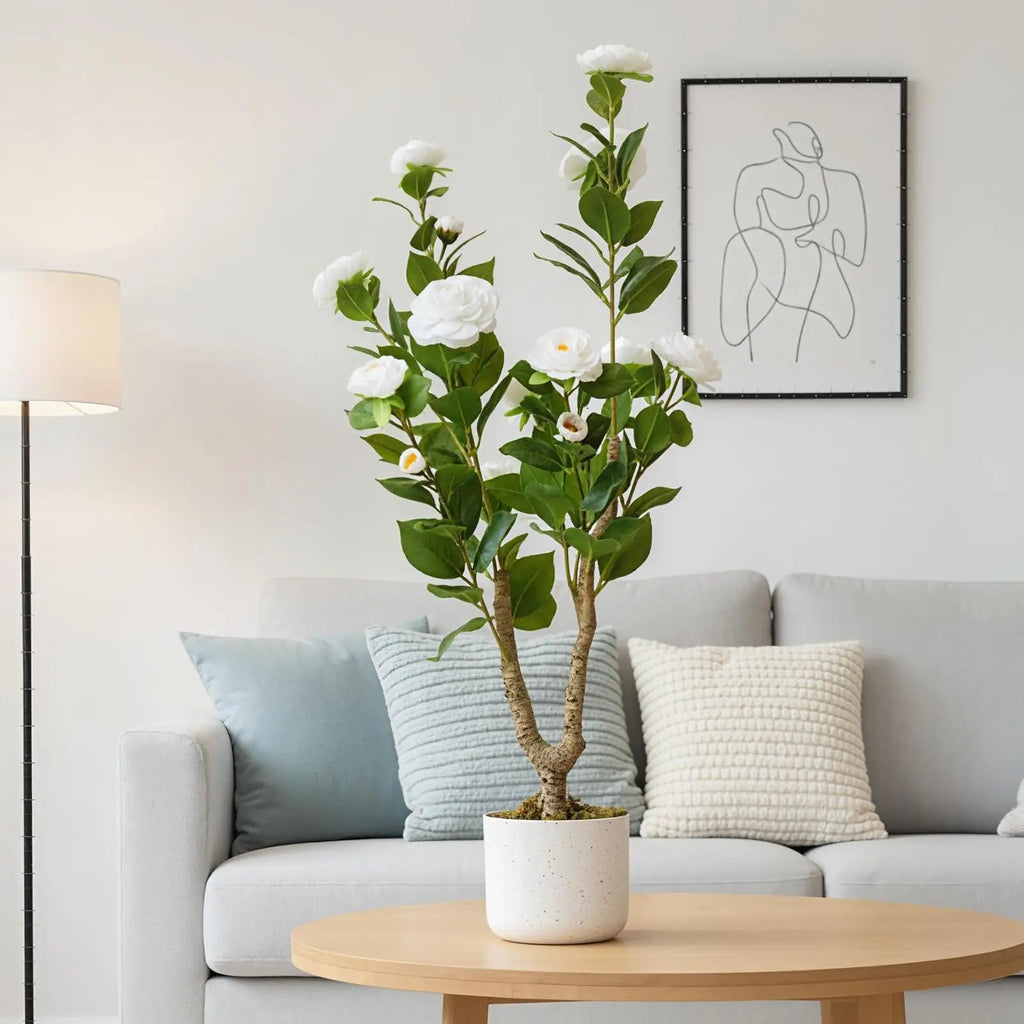 Faux camellia tree Etela on a coffee table in a living room