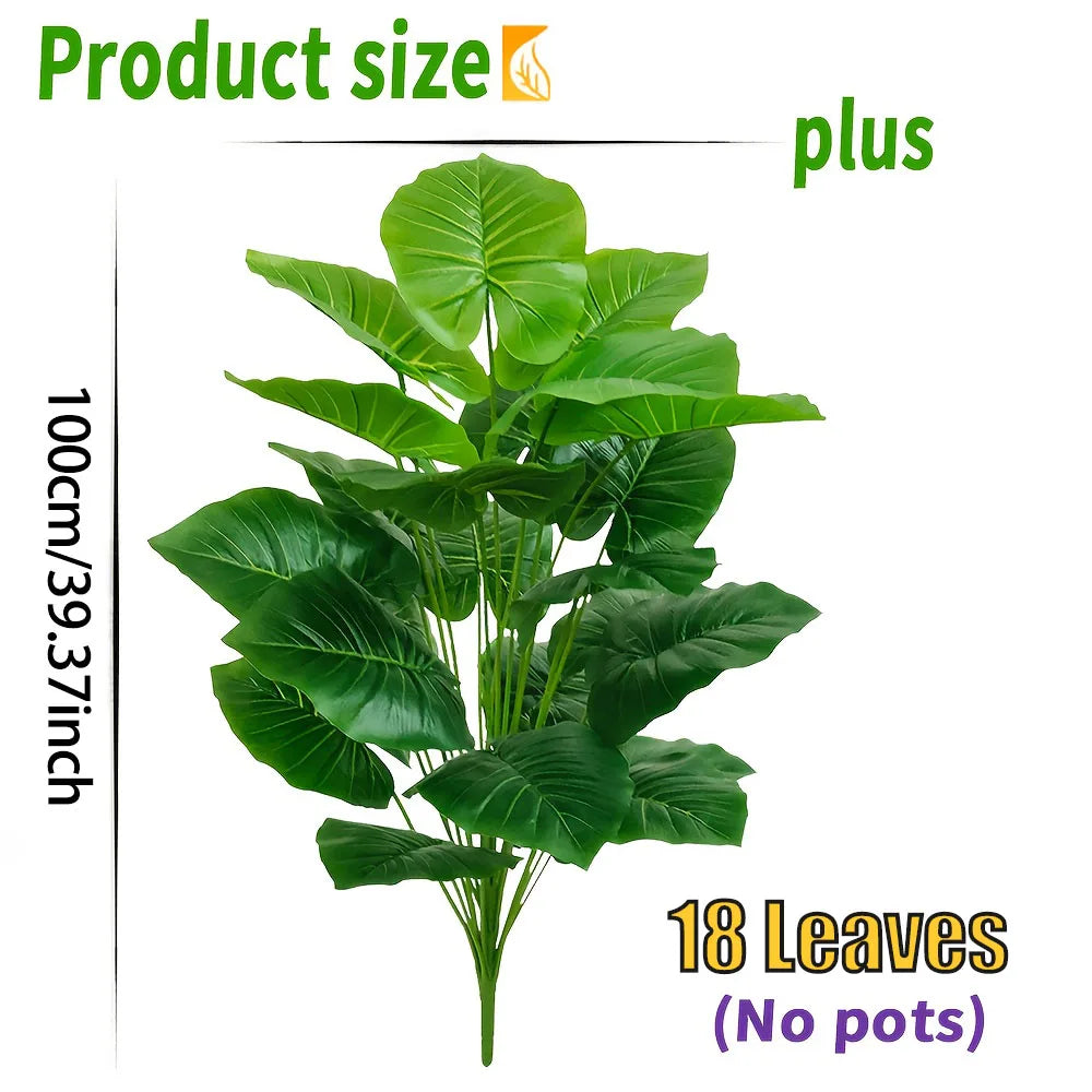 Faux tropical plant, 100 cm tall with 18 leaves, size diagram
