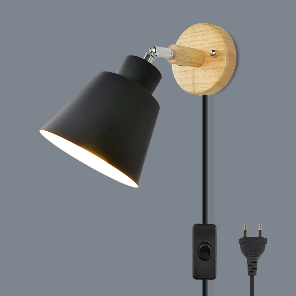 Wall Lamp Samuel with wooden mount in black, close-up with cable and switch