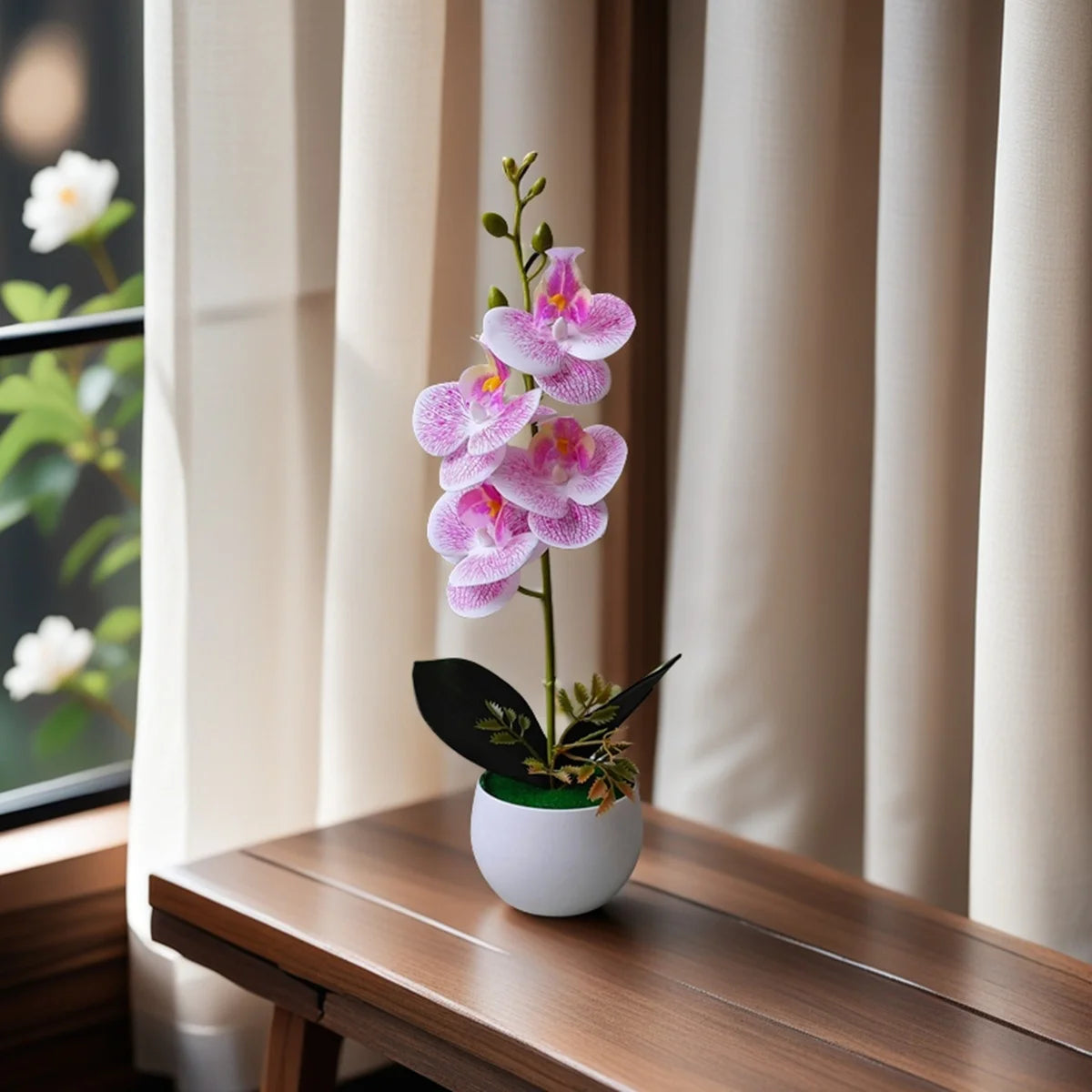 Artificial lilac speckled orchid in a white pot