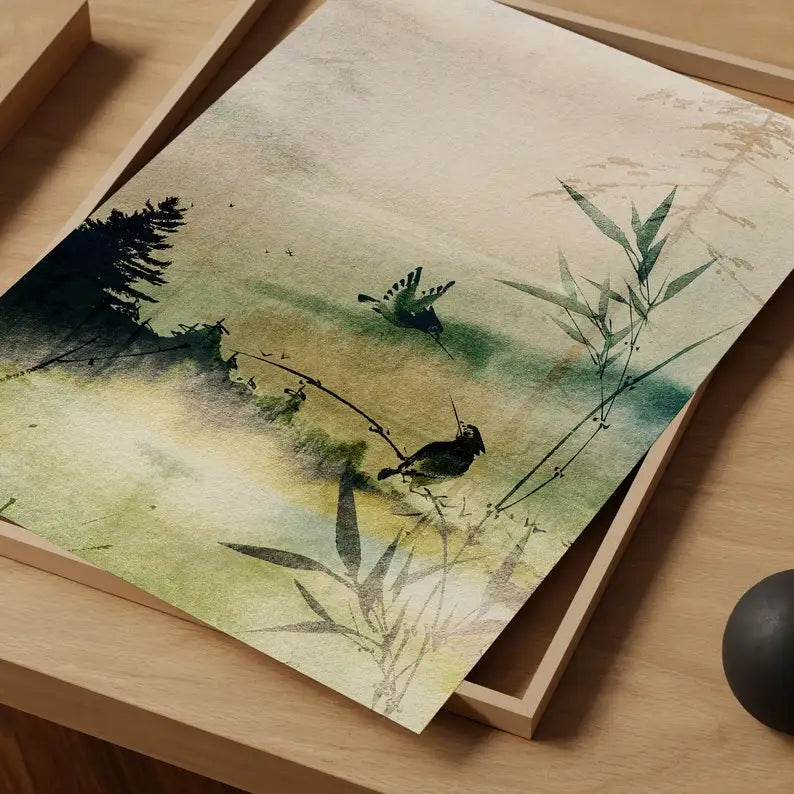 Wall Art Kvetoslava – close-up of the bamboo and bird print