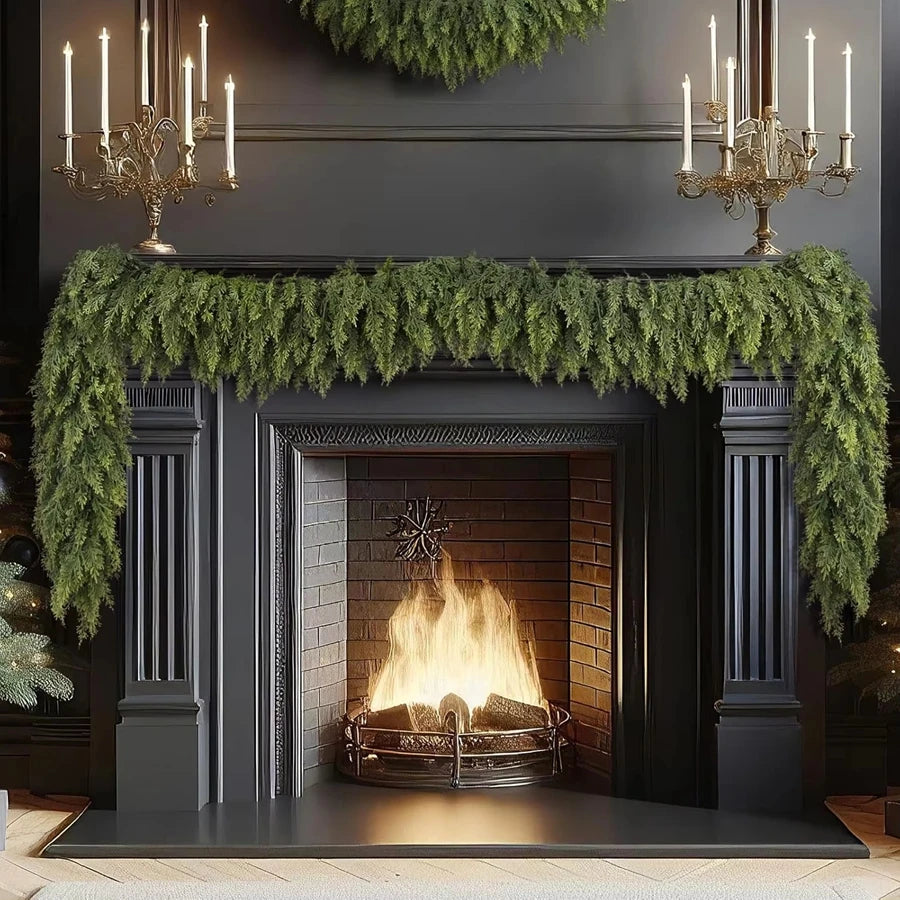 Cypress Garland Silvester – garland draped over a black fireplace mantel
