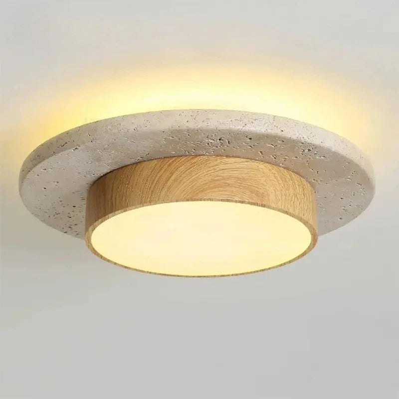 Ceiling Light Hana lit, with travertine disc and wood ring