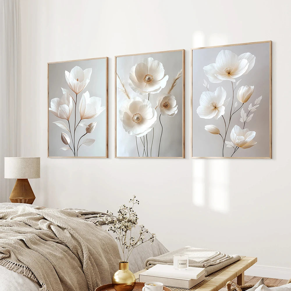 Wall Art Patrícia – three white blossom prints in a calm bedroom