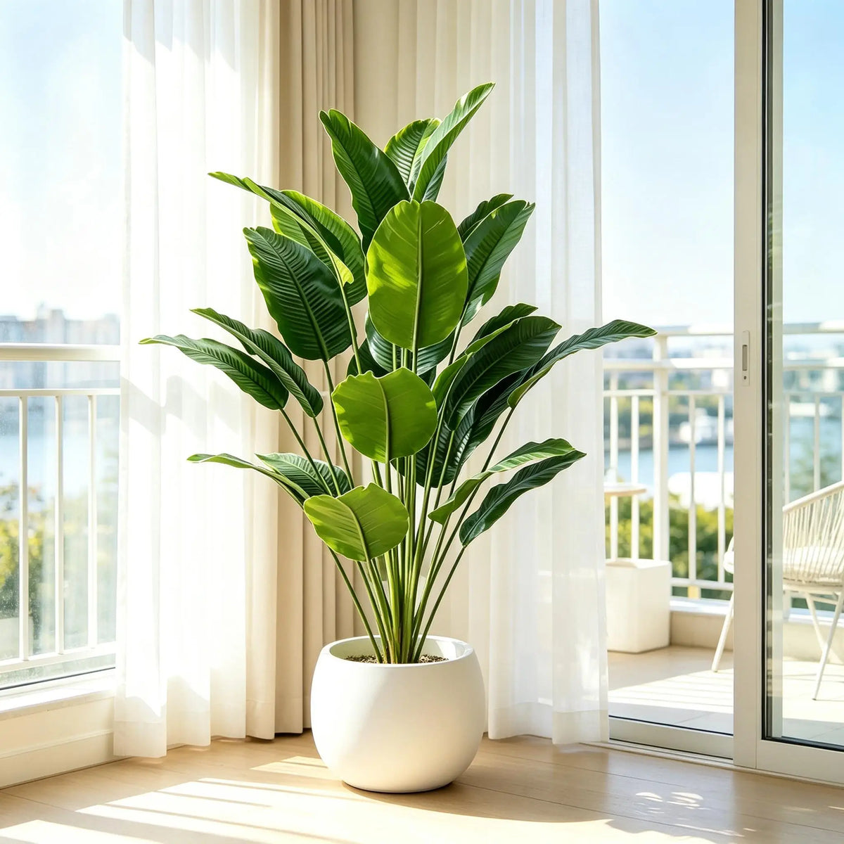Bird of Paradise Rebeka, large faux leaf plant, detail view