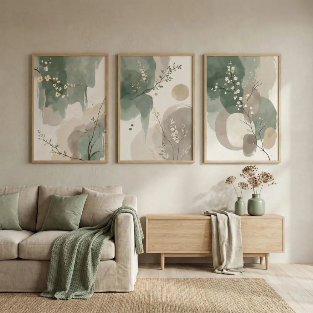 Wall Art Hortenzia – three sage watercolour leaf prints above a sofa