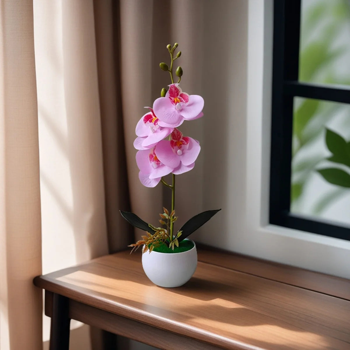 Artificial soft pink orchid in a white pot