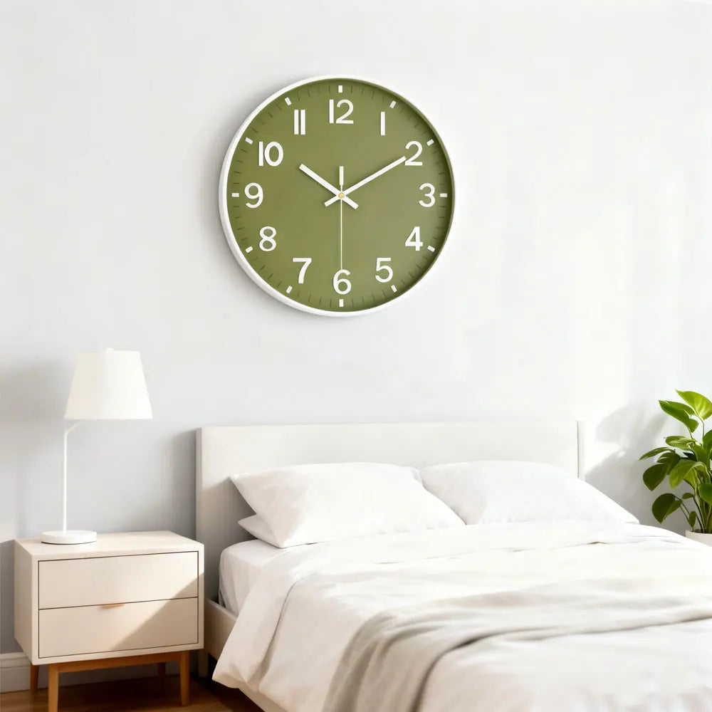 Wall Clock Teodor, silent wall clock on a bedroom wall