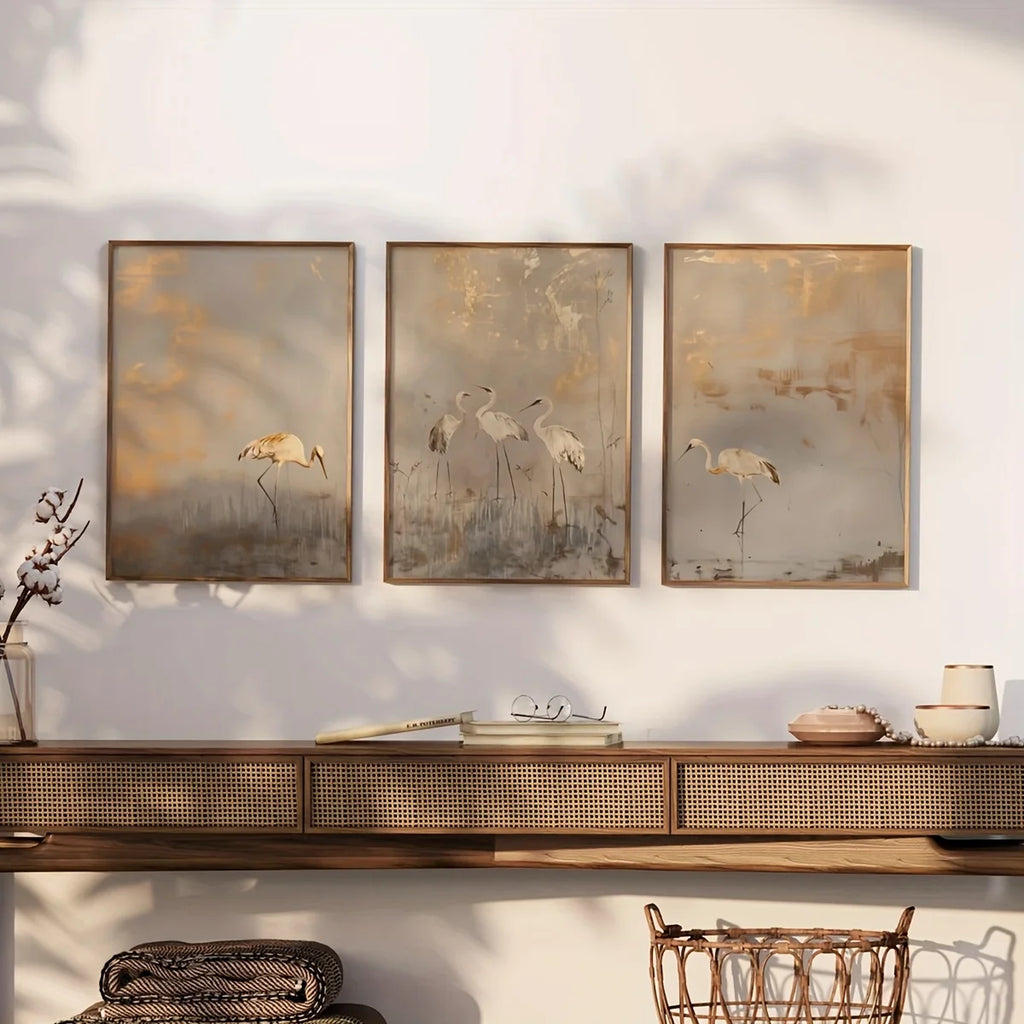Wall Art Ingrida – golden mist crane prints above a rattan sideboard
