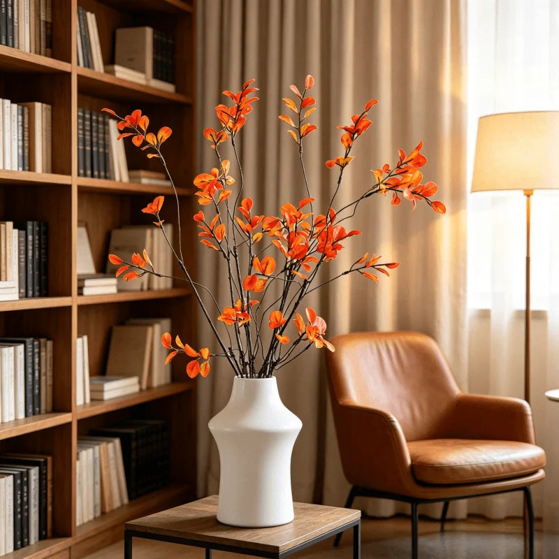 Autumn branches in a white vase by a leather armchair