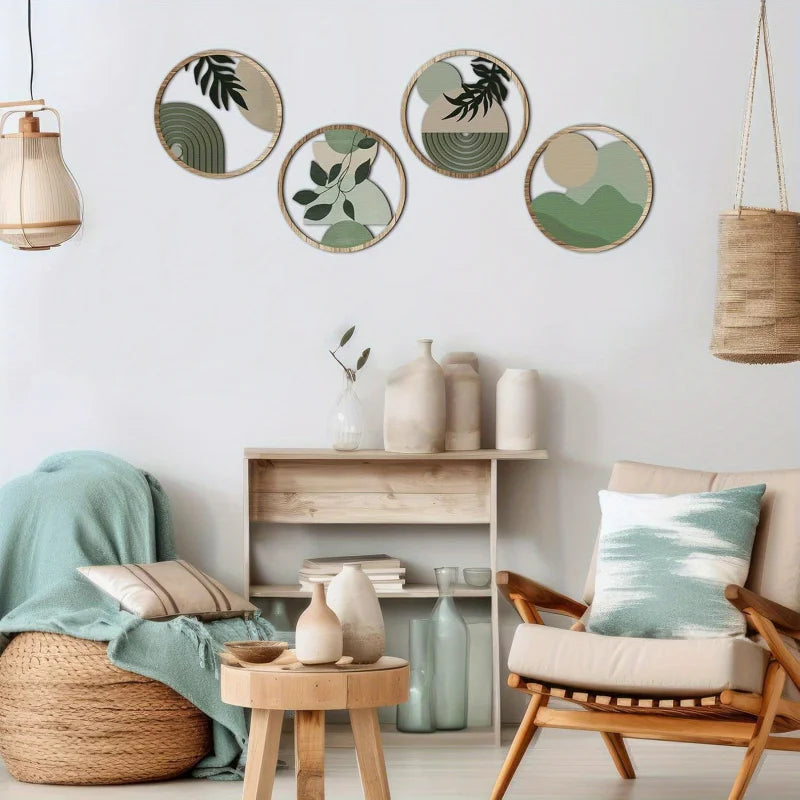 Round wooden wall pieces hung in a boho living room