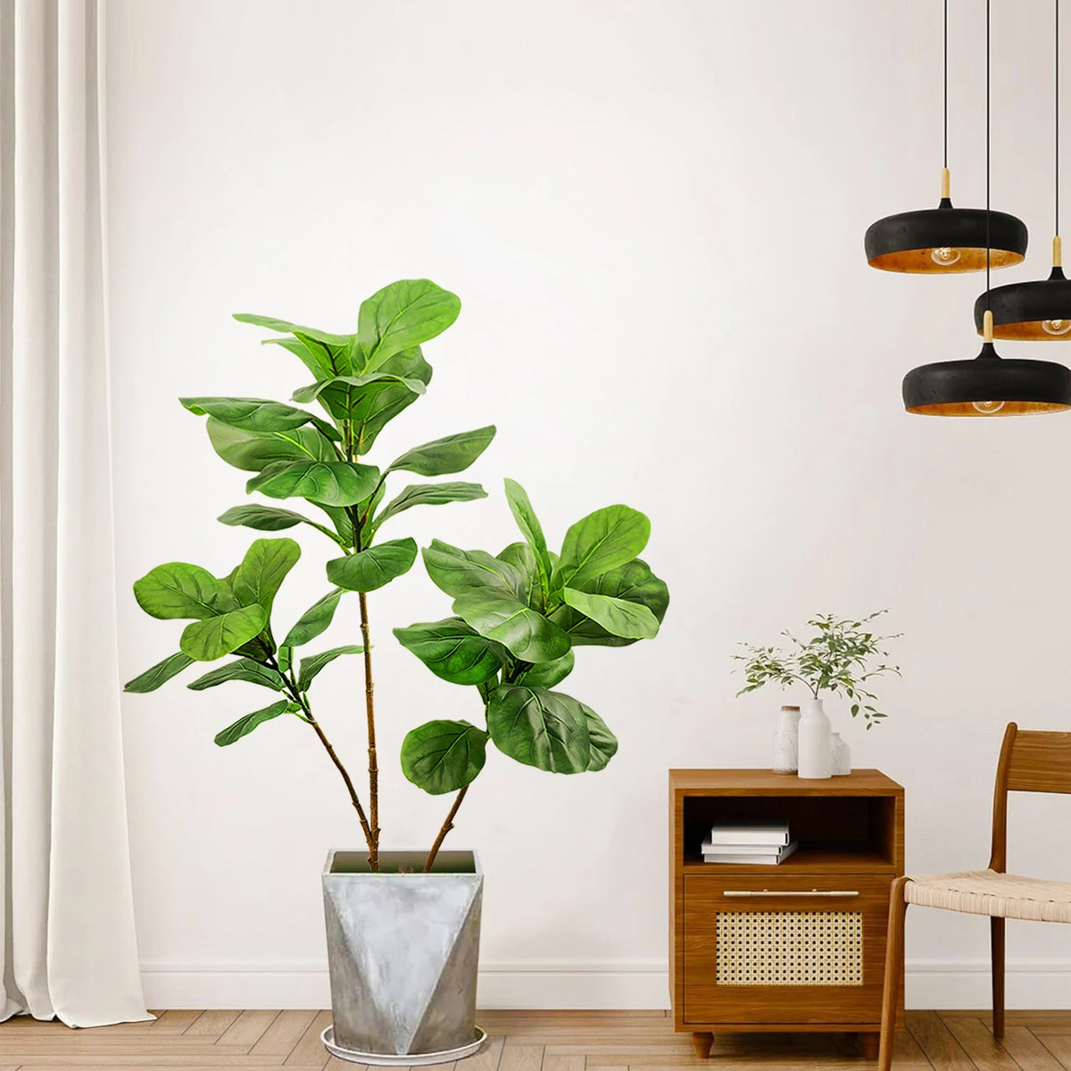 Fiddle-leaf fig stem Darina in a concrete planter next to a wooden cabinet