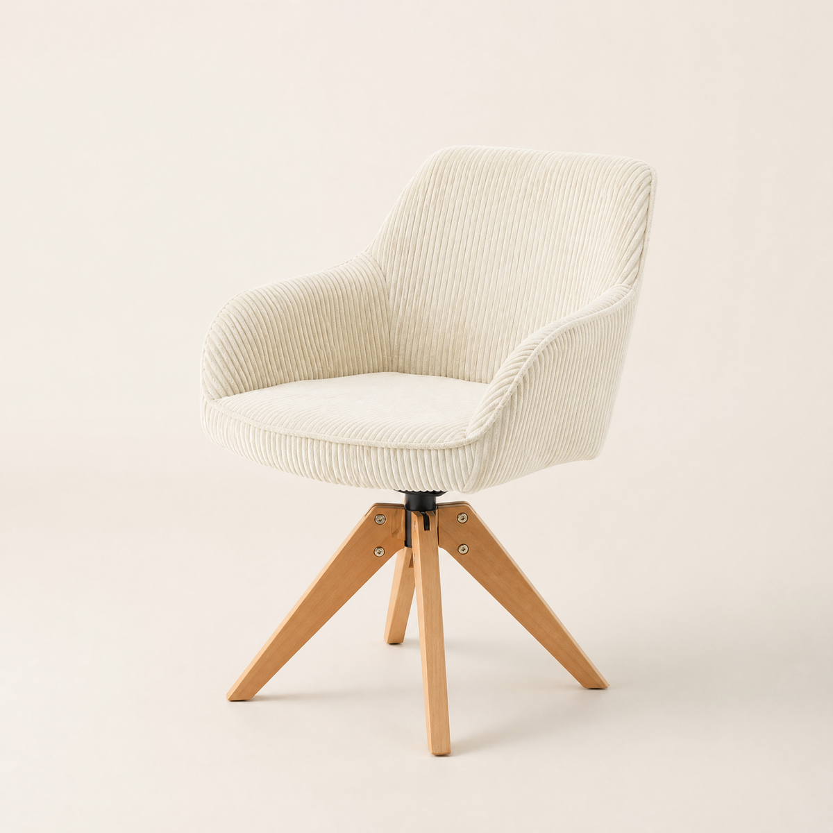 Armchair Karol close-up studio shot showing ribbed velvet texture and solid wood swivel base