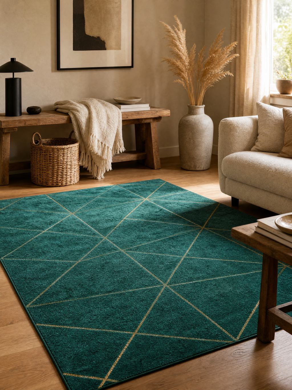 Rug Klára in a warm Scandinavian living room corner with a wooden bench, woven basket, and dried pampas grass