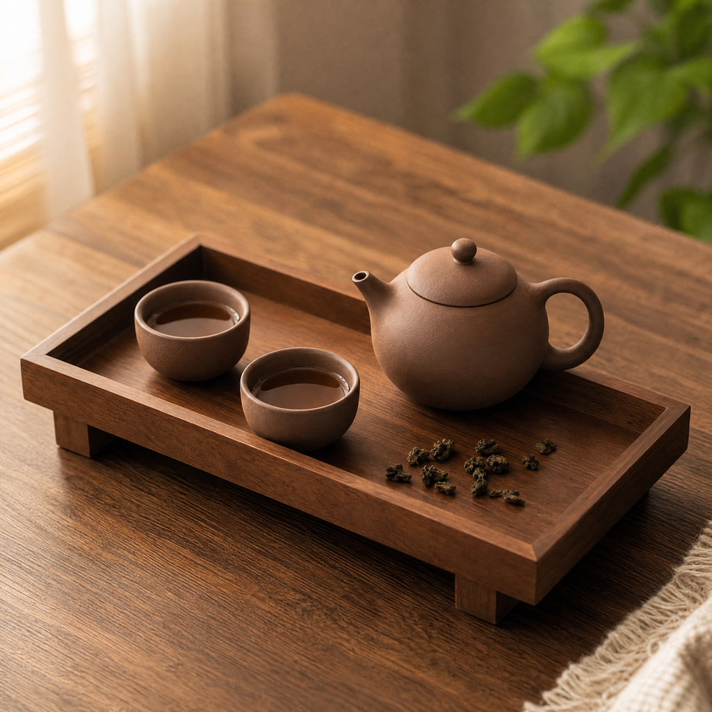 Tea Tray Zuzana dark walnut wood tea tray with a gongfu teapot and two cups