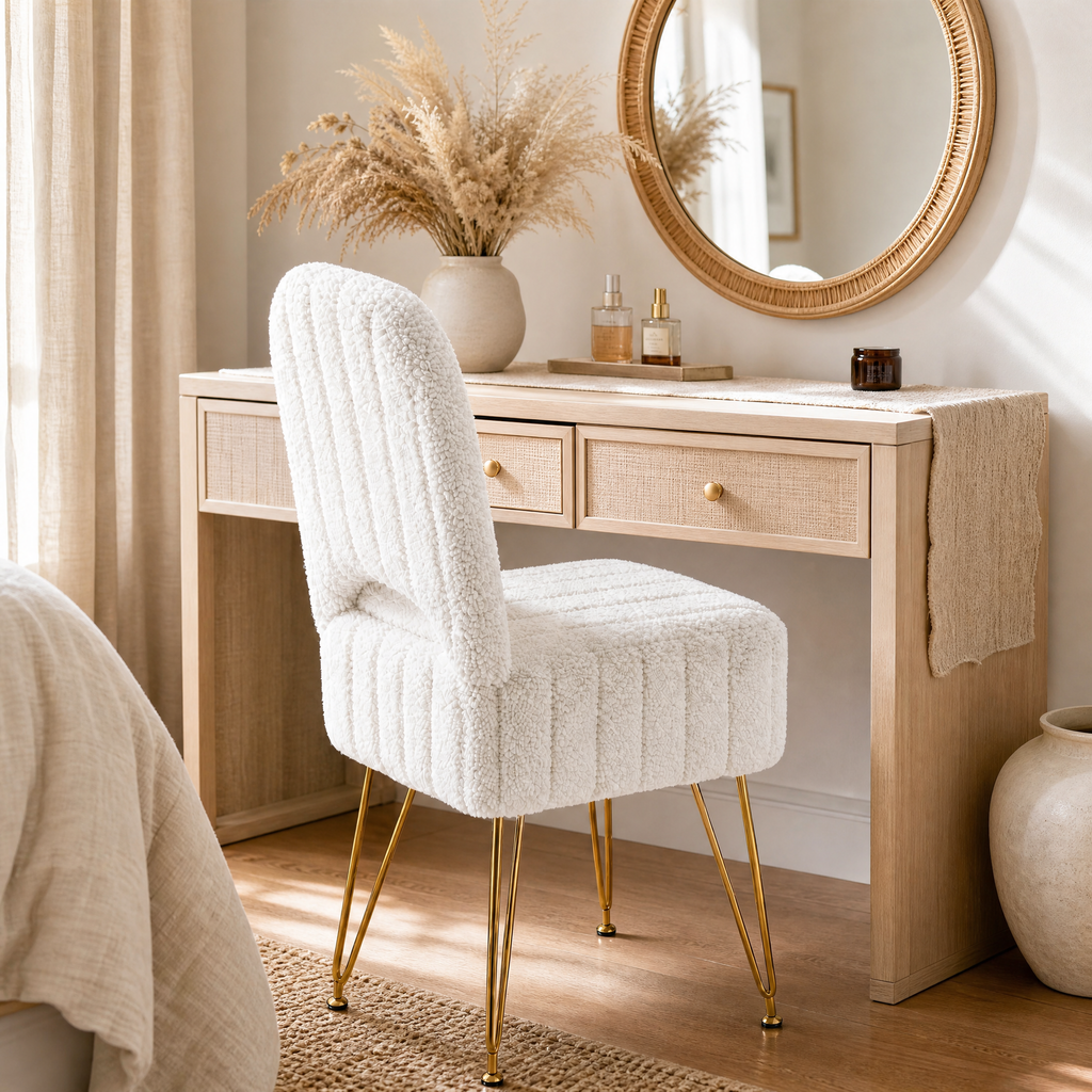 Vanity Stool Petra - white ribbed boucle stool with gold hairpin legs at a sunlit bedroom vanity