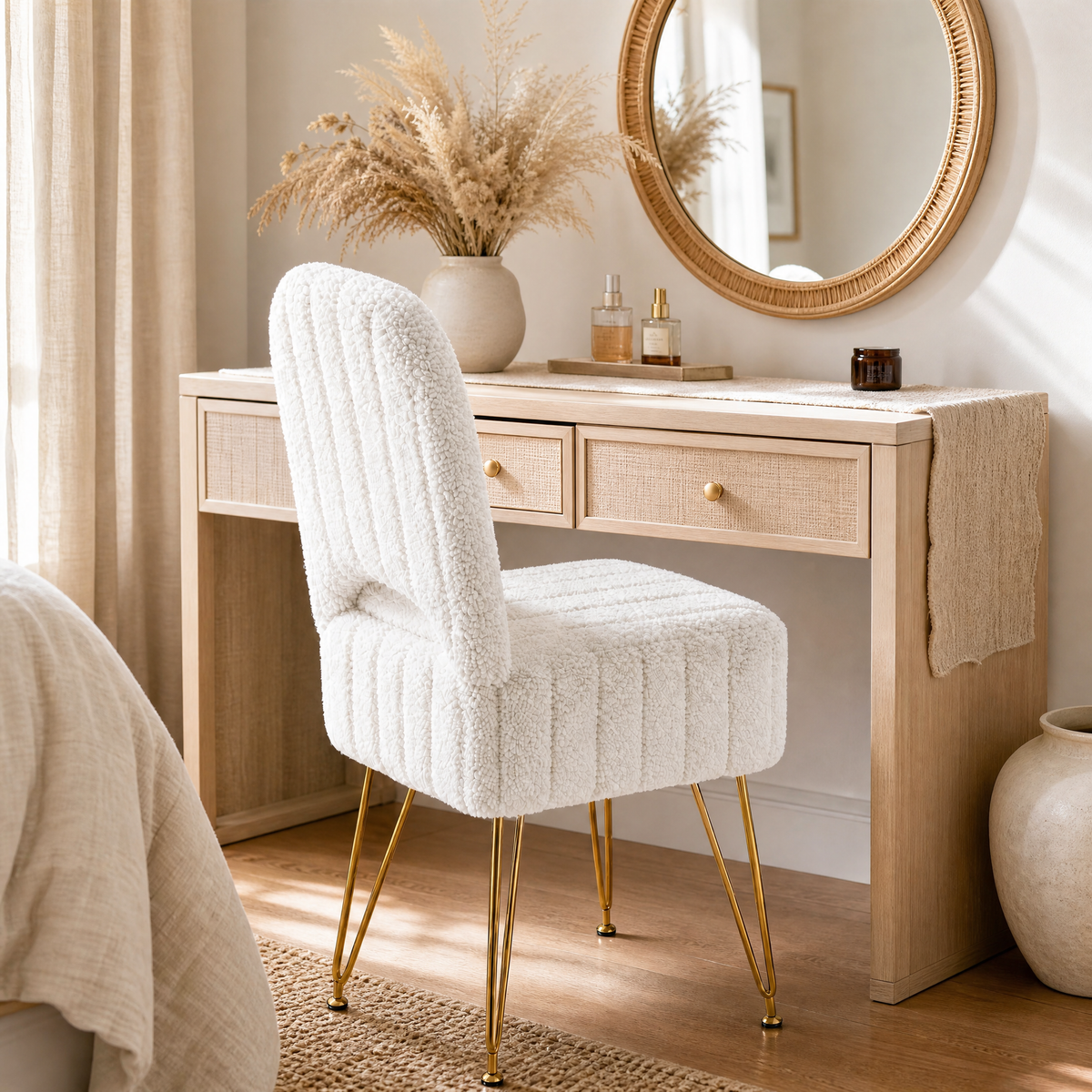 Vanity Stool Petra - white ribbed boucle stool with gold hairpin legs at a sunlit bedroom vanity