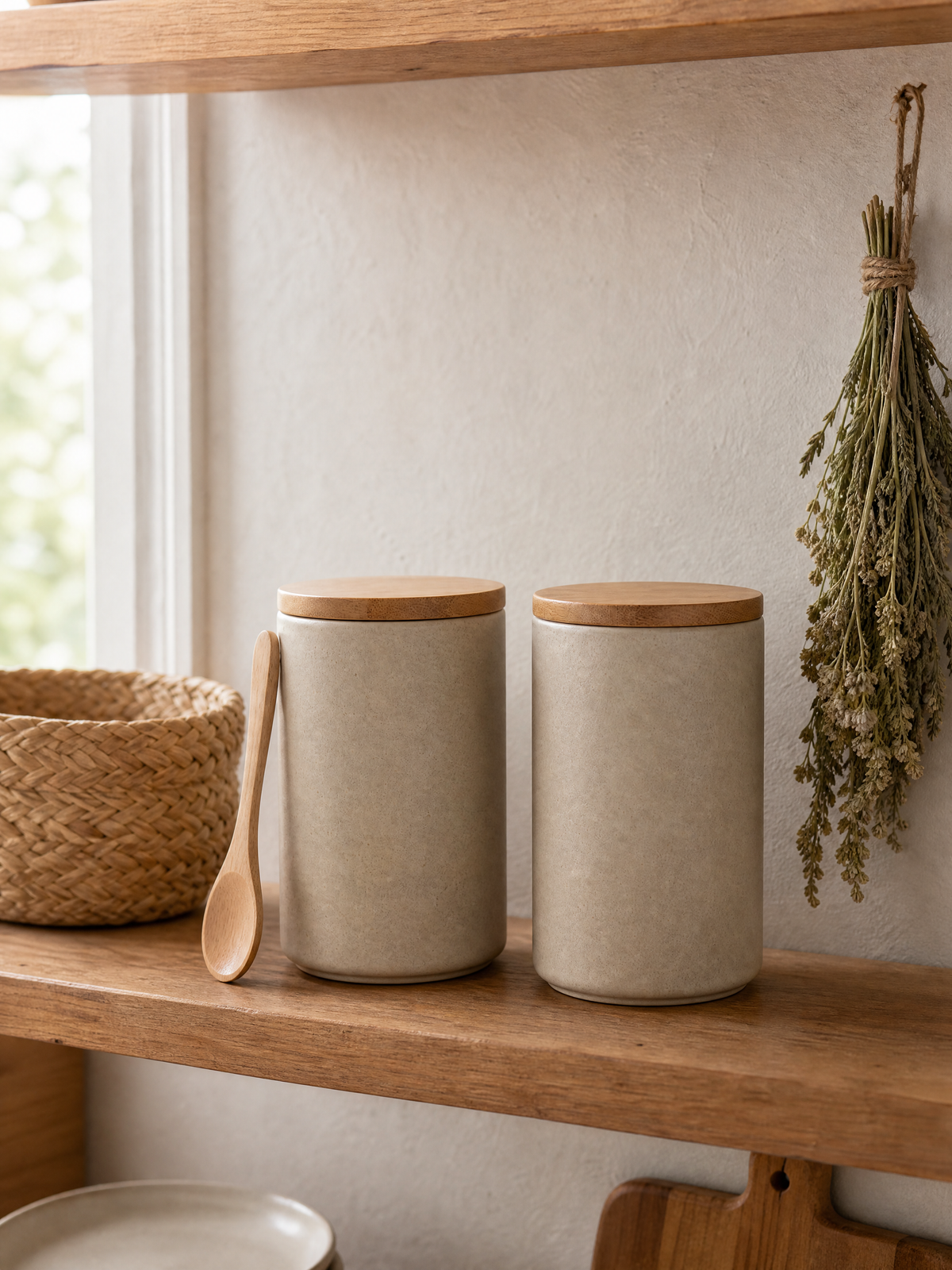 Storage Jars Vojtech styled on an open kitchen shelf with dried herbs