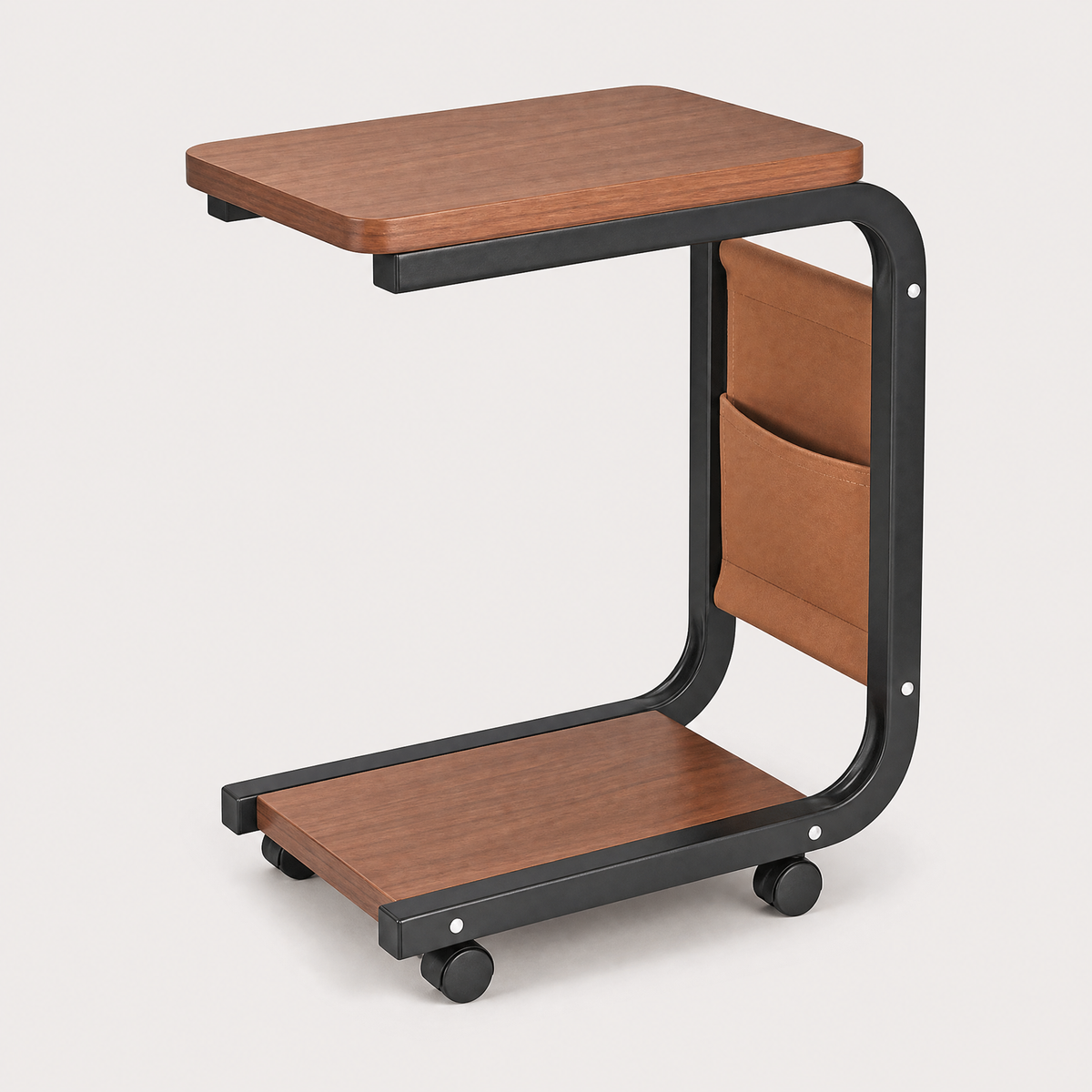 Side Table Igor product shot showing the wood tabletop, black C-shaped frame, lower shelf, storage pouch, and caster wheels
