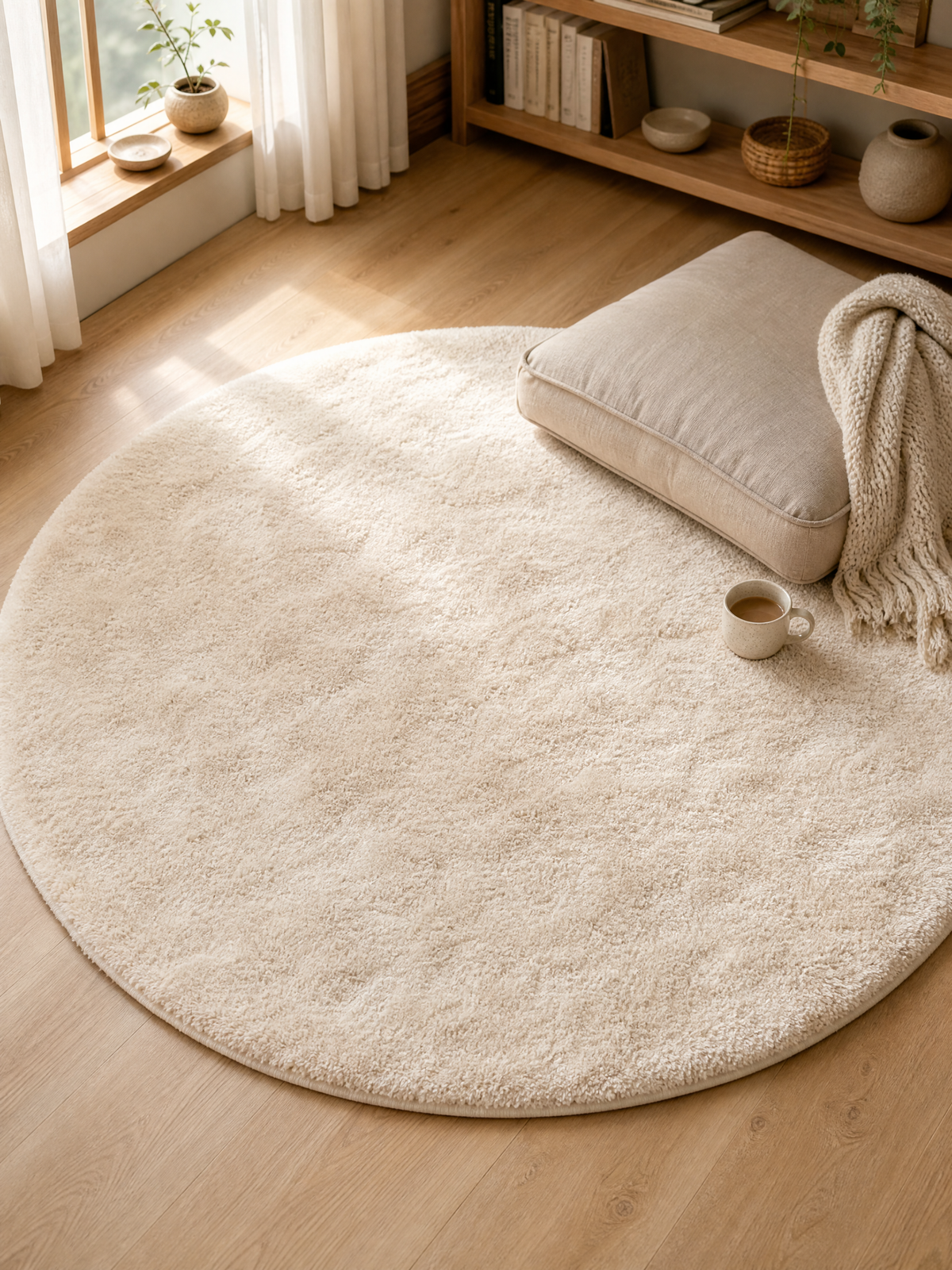 Rug Natália, round plush cream rug, in a cozy reading nook with a linen floor cushion and throw