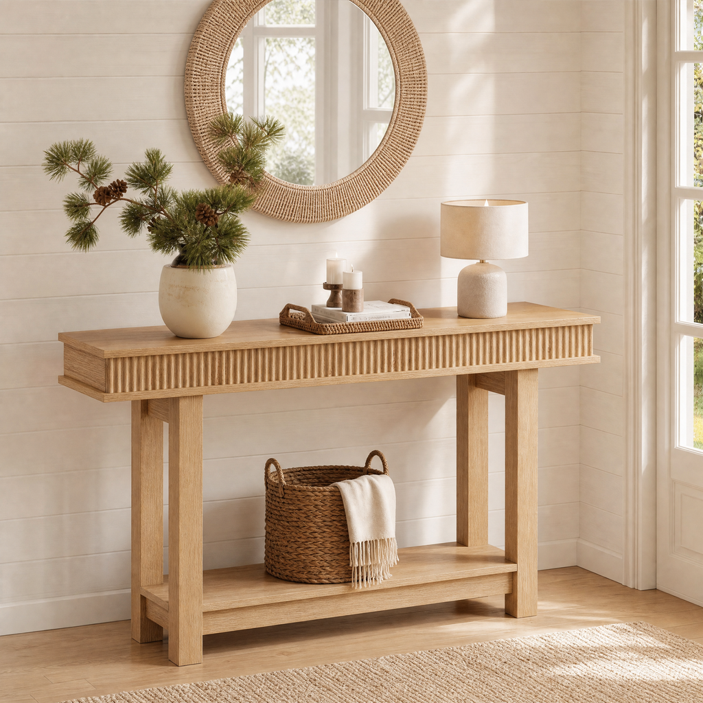 Console Table Jakub - fluted natural wood console table in a bright entryway