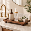 Bathroom Refresh Set styled on a marble counter with a walnut tray, soap dispenser, and pump dispenser