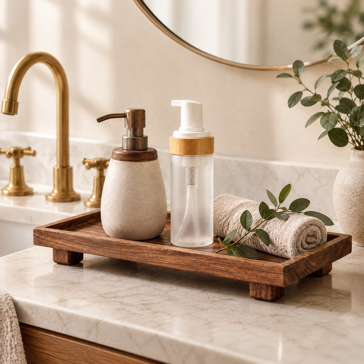 Bathroom Refresh Set styled on a marble counter with a walnut tray, soap dispenser, and pump dispenser