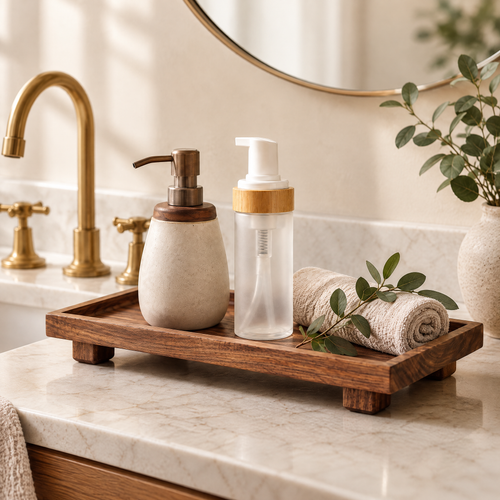 Bathroom Refresh Set styled on a marble counter with a walnut tray, soap dispenser, and pump dispenser