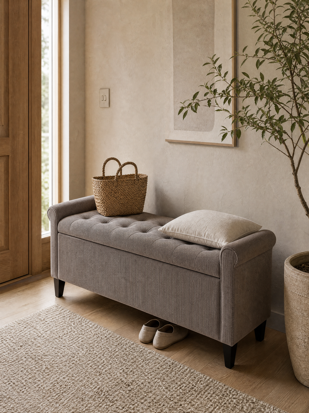 Storage Bench Renáta used as entryway seating with a woven basket and cushion