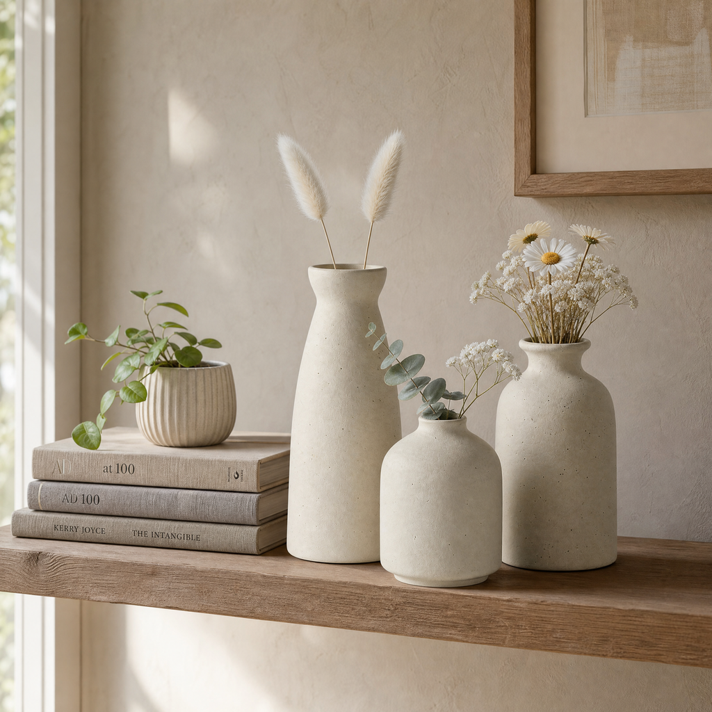 Vase Beáta set styled on a floating shelf beside linen-bound books and a small potted plant