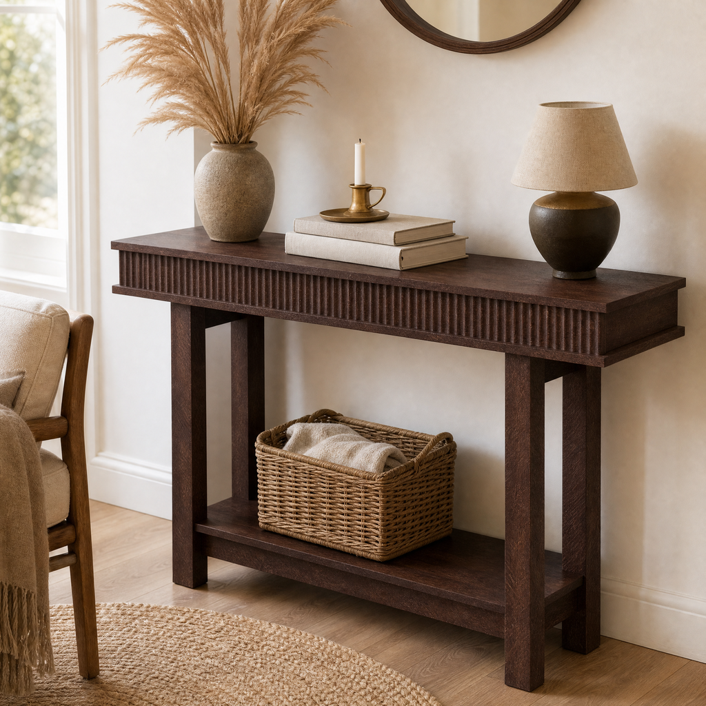 Console Table Jakub - Red Brown finish styled in a warm entryway with pampas grass and a woven basket