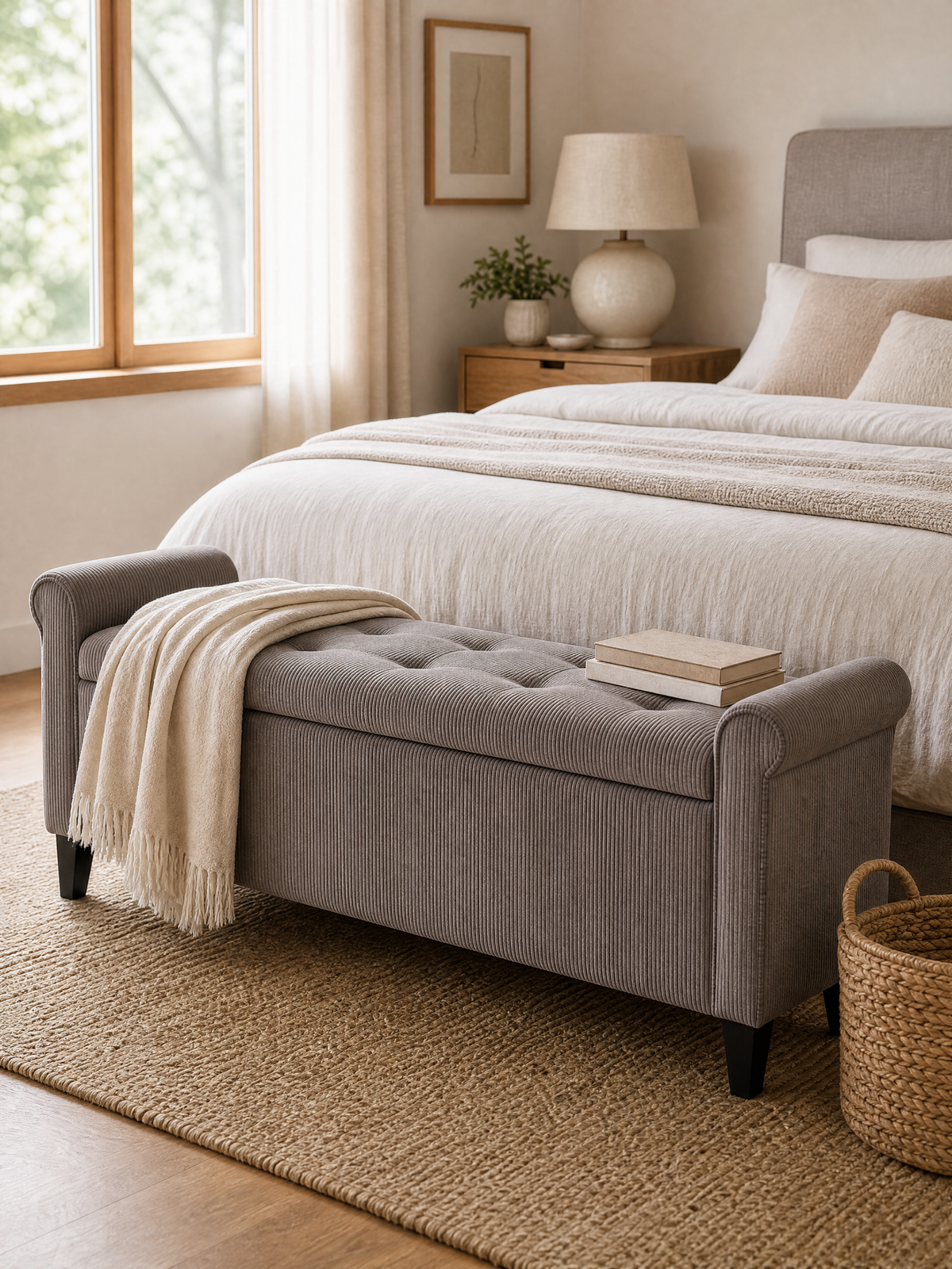 Storage Bench Renáta - warm gray upholstered storage bench at the foot of the bed