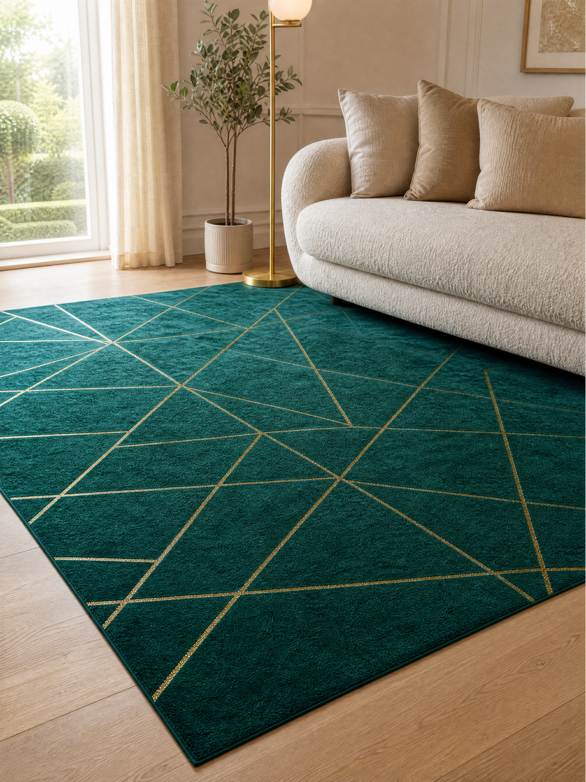 Rug Klára, deep teal geometric rug with gold linework, styled in a bright living room with a cream sofa and brass floor lamp