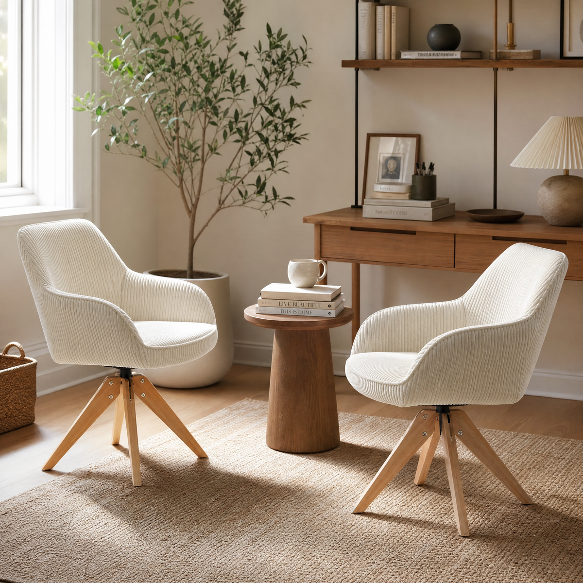 Armchair Karol - set of two ribbed velvet swivel armchairs in a home office reading nook
