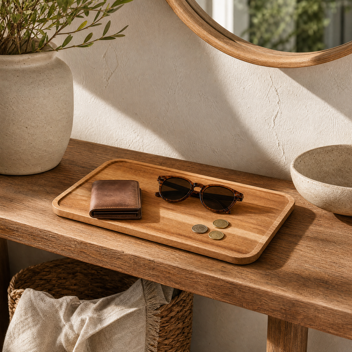 Wood Tray Daniela on an entryway table with a wallet, sunglasses, and coins