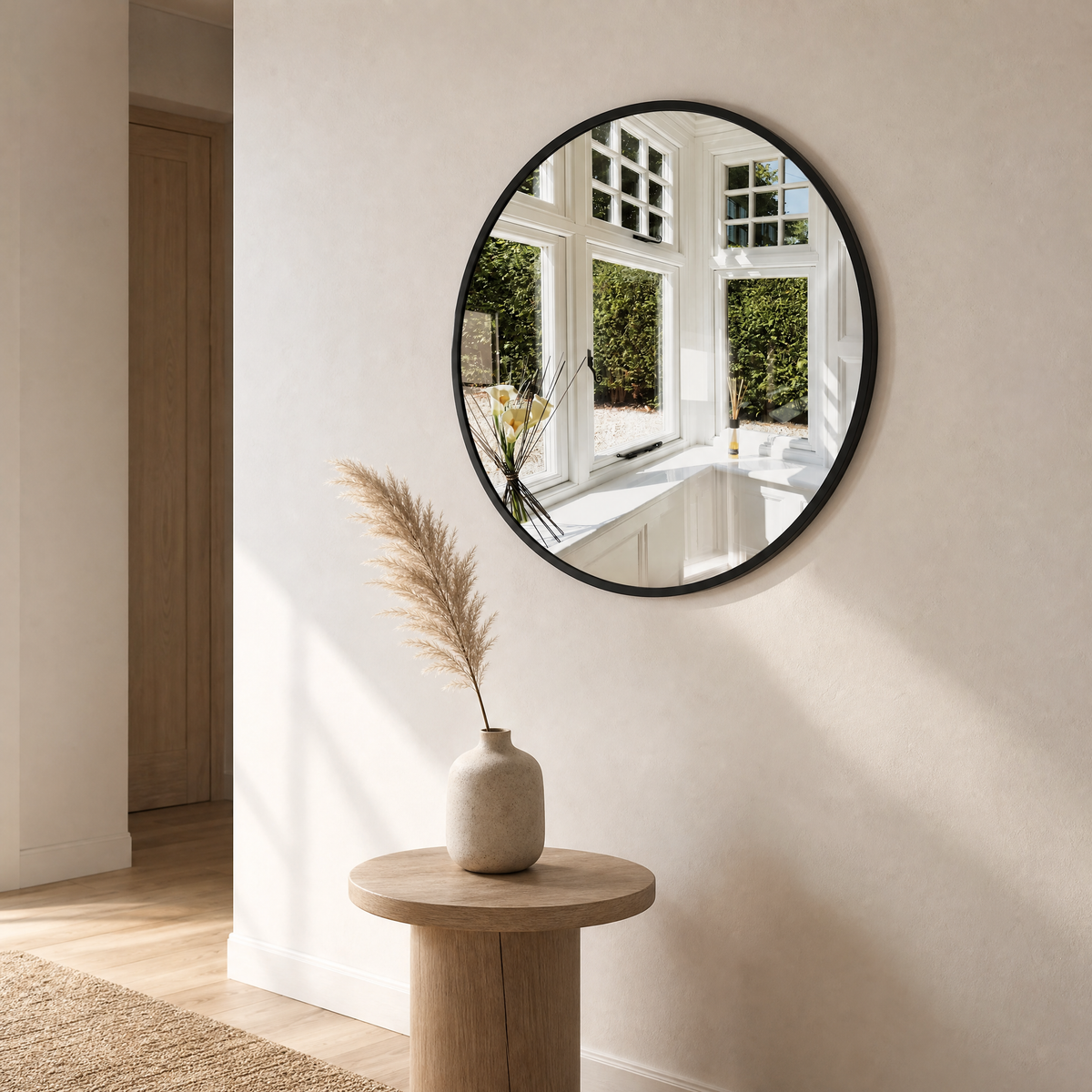 Round black-framed Wall Mirror Adela mounted on a wall above a small side table