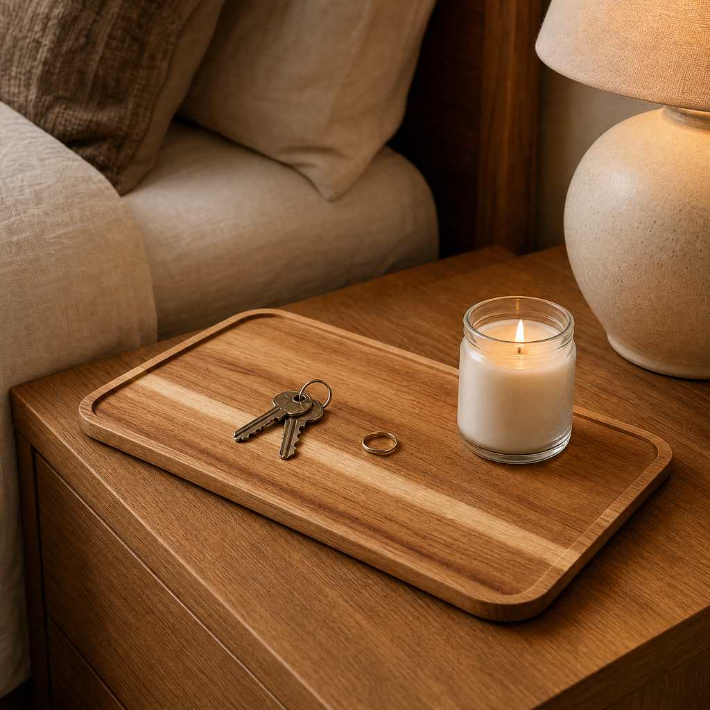 Wood Tray Daniela on a nightstand holding keys, a ring, and a lit candle