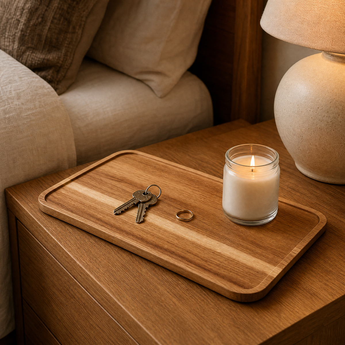 Wood Tray Daniela on a nightstand holding keys, a ring, and a lit candle