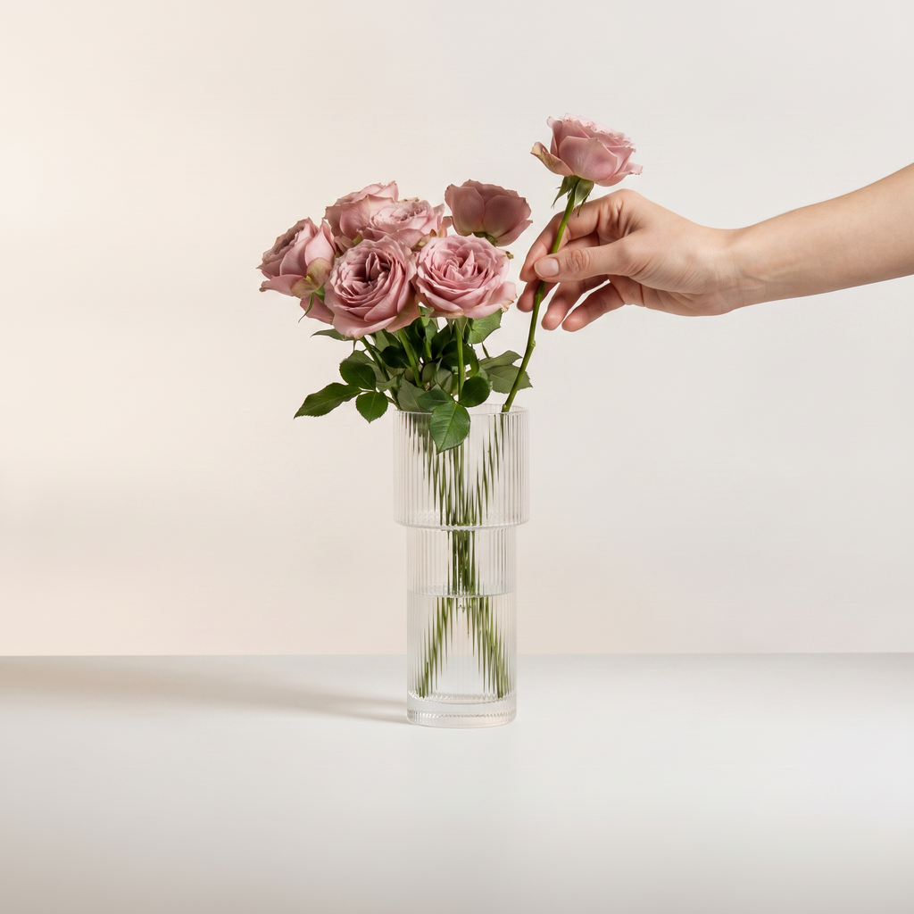 Hand placing a fresh pink rose into the clear Nora ribbed glass vase with dusty pink roses, studio photo