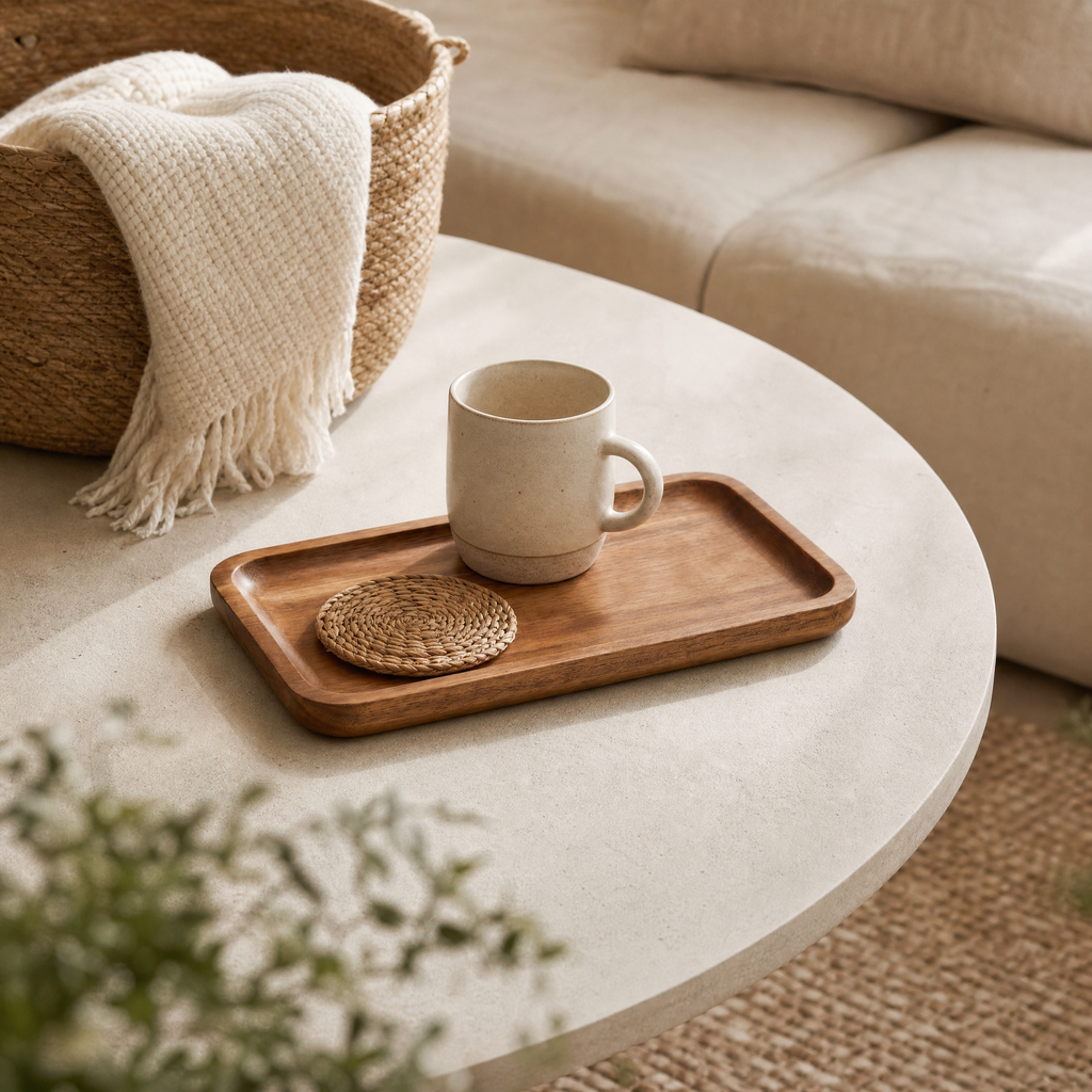 Wooden Tray Oliver on a coffee table with a mug and a woven coaster