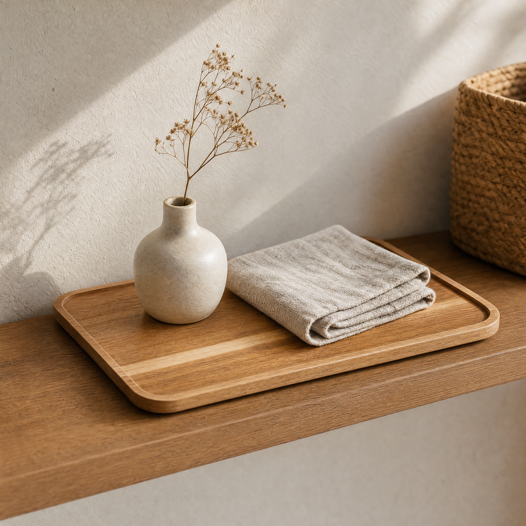 Wood Tray Daniela styled on a floating shelf with a ceramic bud vase and folded linen