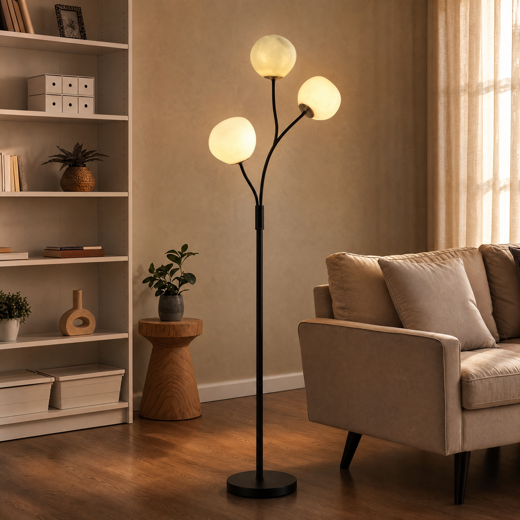 Floor Lamp Denis with three round glass globe shades on a black branching stem, styled in a warm living room corner