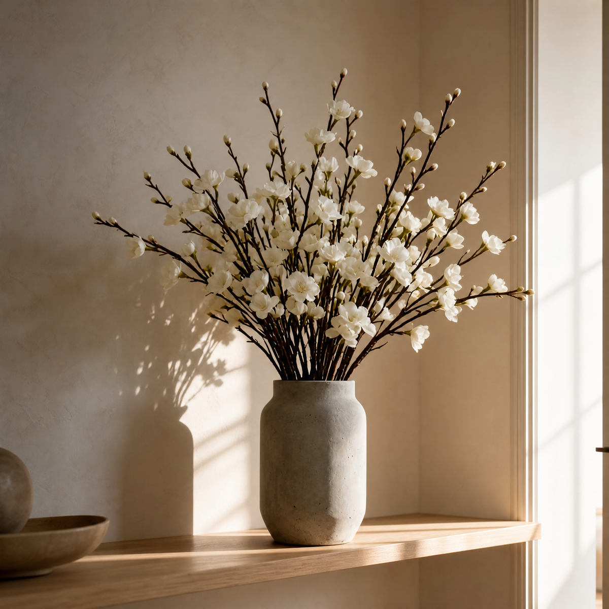 Blossom Stems Diana, white blossom branches in a textured stoneware vase, styled on a light oak shelf