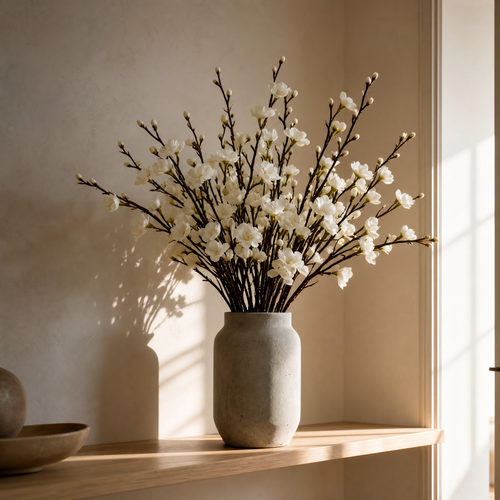 Blossom Stems Diana, white blossom branches in a textured stoneware vase, styled on a light oak shelf