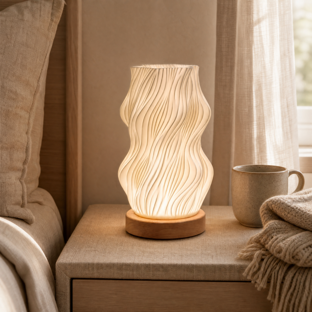 Lamp Dominik wave-texture lampshade table lamp glowing warm on a linen bedside nightstand