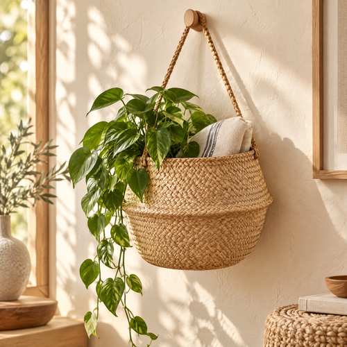 Basket Viera — handwoven rattan hanging basket in a warm sunlit corner