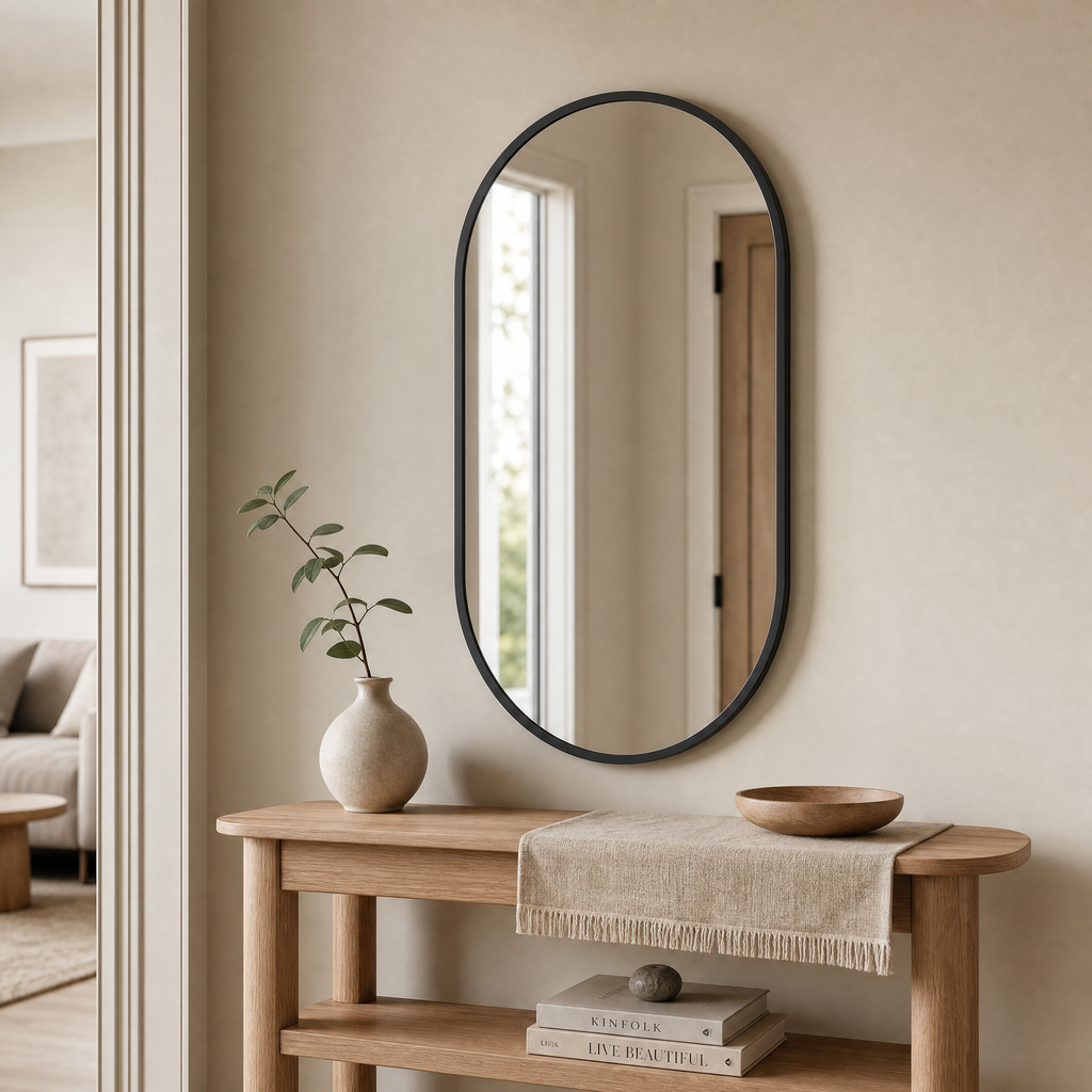 Wall Mirror Simona — slim oval mirror in matte black frame, styled in a warm entryway