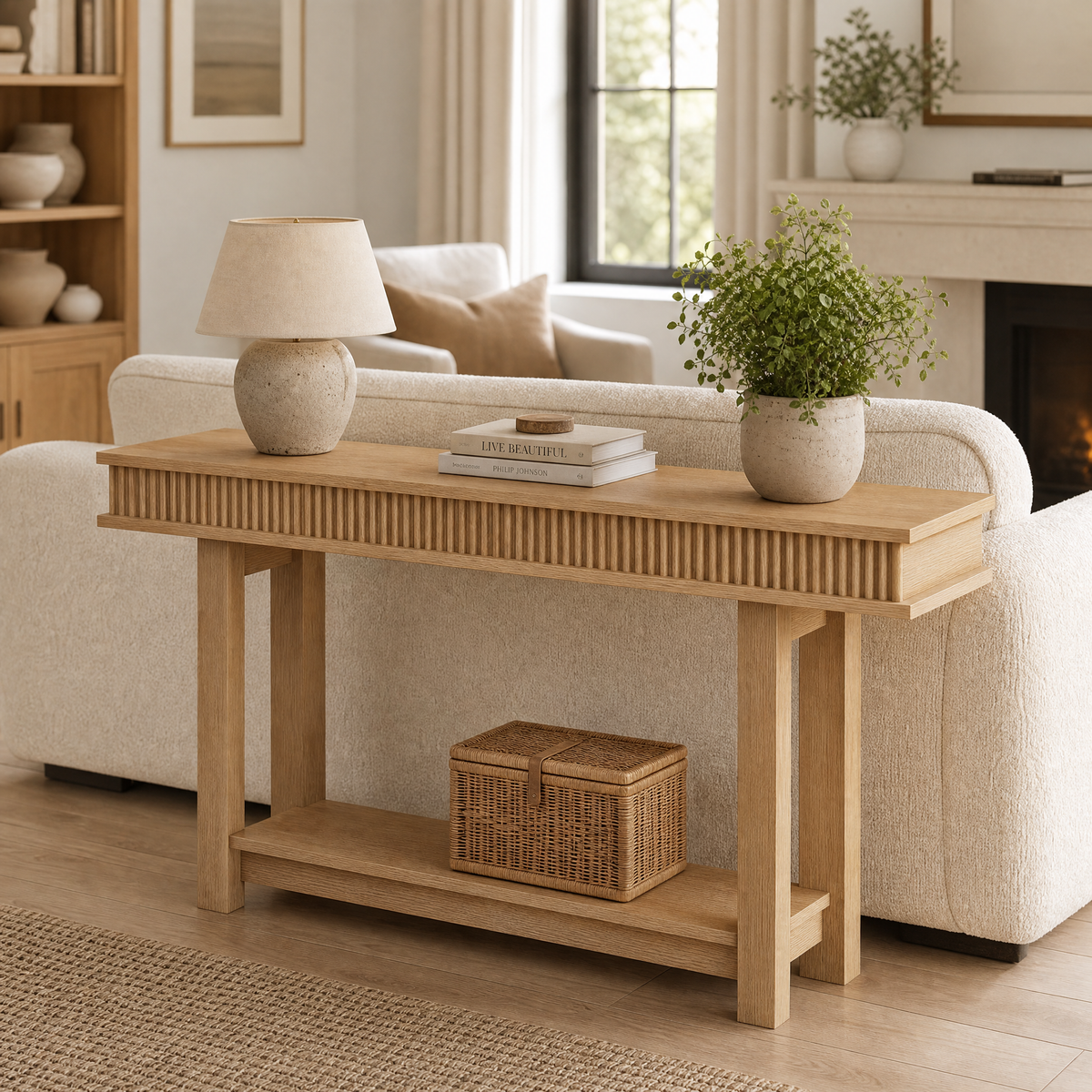 Console Table Jakub styled behind a boucle sofa in a sunlit living room