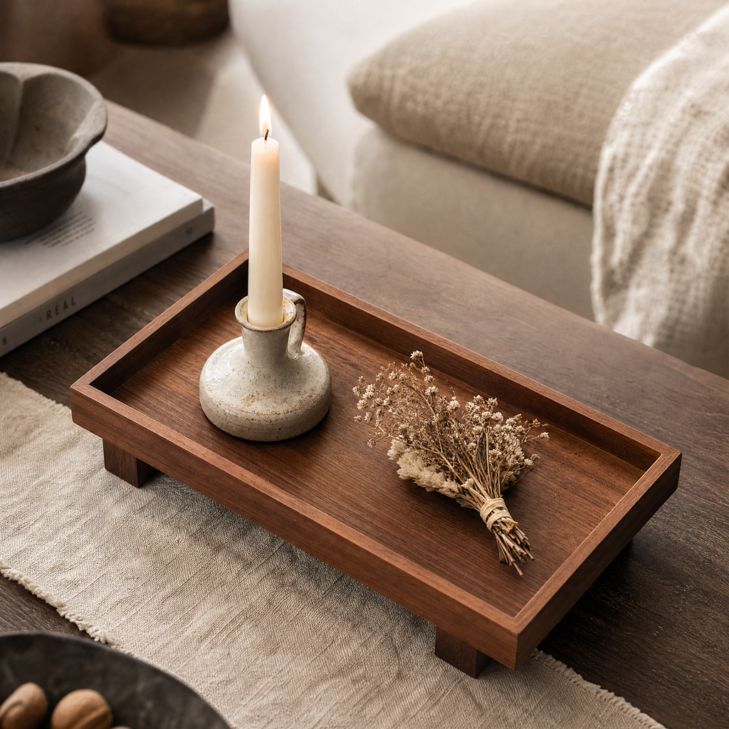 Tea Tray Zuzana styled on a coffee table with a lit candle and dried flowers
